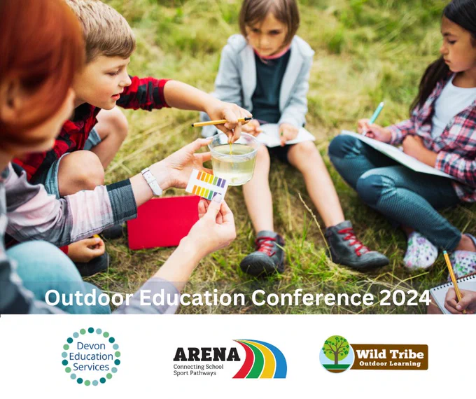 Image of 4 children doing educational activity outdoors. Devon education services log, Arena schools log and Wild tribe logo