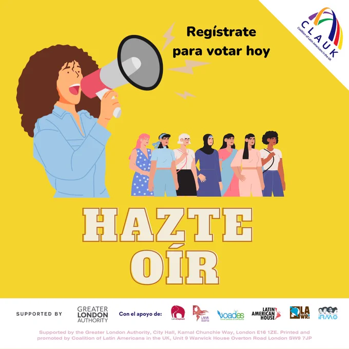 El texto dice “HAZTE OÍR: Regístrate para votar hoy” Las imágenes son de una mujer gritando por un altavoz y un grupo de mujeres.