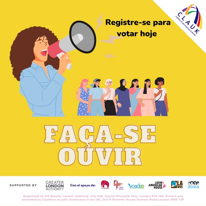 O texto diz “FAÇA-SE OUVIR: Registre-se para votar hoje!” As imagens são de uma mulher gritando em um alto-falante e um grupo de mulheres.