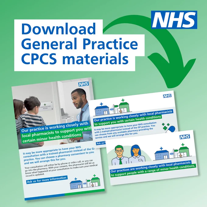 NHS logo top right. Download General Practice CPCS materials. A dark green arrow points to thumbnails of CPCS posters and leaflets. 
