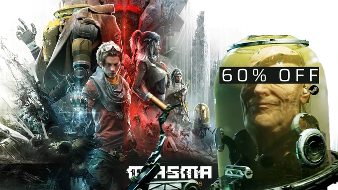 Miasma Chronicles Steam Sale Image. The image displays the key art with an extra large Mayor J Mason next to it with the text 60% OFF covering his face.