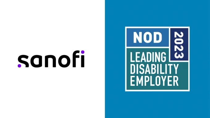Sanofi company logo to the left of the NOD Leading Disability Employer Seal logo