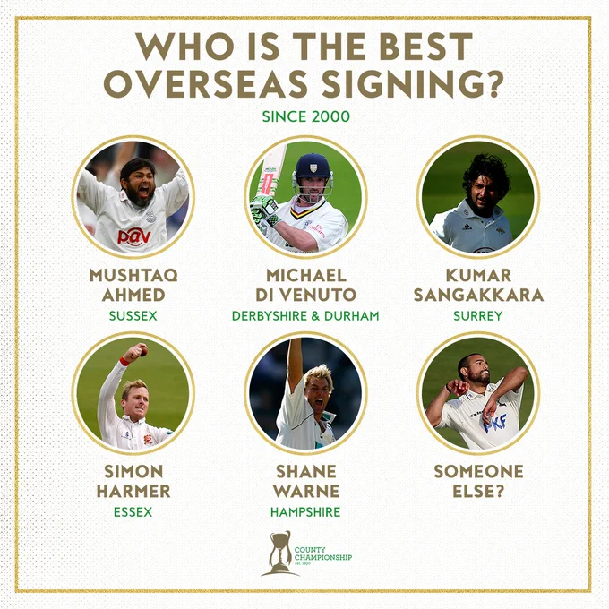 Who is the best overseas signing since 2000? 
Mushtaq Ahmed, Sussex.
Michael Di Venuto, Derbyshire and Durham.
Kumar Sangakkara, Surrey.
Simon Harmer, Essex.
Shane Warne, Hampshire.
Someone else? Using a photo of Andre Adams.