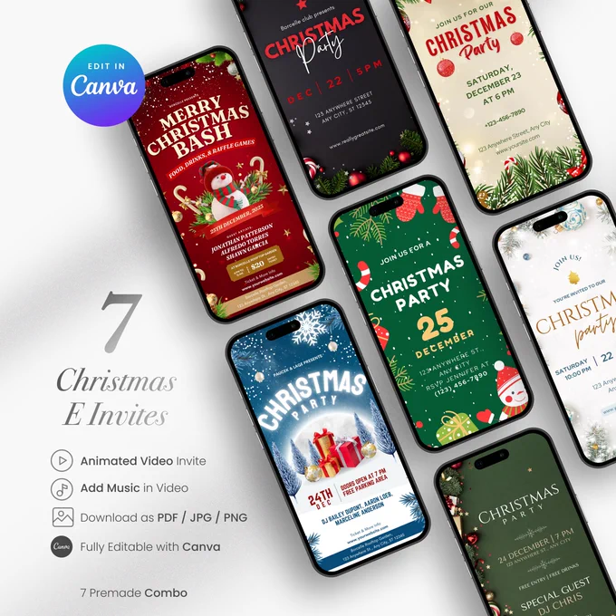 Christmas Party Invite | Electronic Invitation | Editable Canva Template | Digital Christmas | Animated Video E Invite | Phone Invite