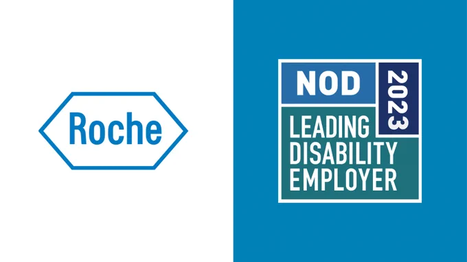 Roche company logo to the left of the NOD Leading Disability Employer Seal logo