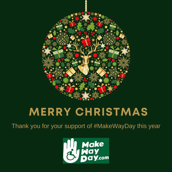 Merry Christmas message with large bauble made up of smaller presents and the make way day logo