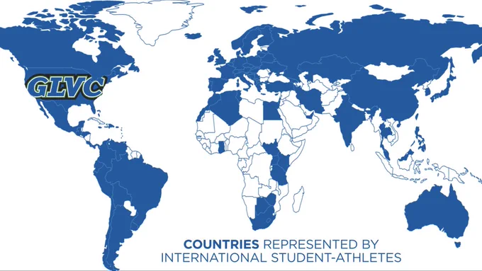 World map depicting the 90 different countries that GLVC international student-athletes come from