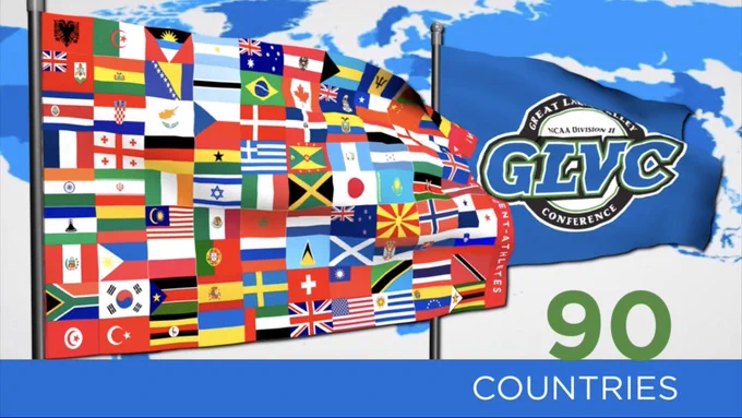 Two waving flags with different countries flags on one and GLVC on the other above "90 countries"