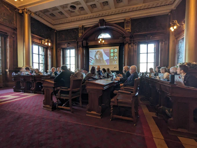 The image shows a large room with dark red carpet and dark wooden seats with people sitting at desks. There is a large screen on the wall where a representatives from Sight Scotland is presenting. Everyone is listening to this.