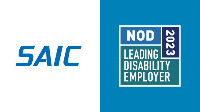 SAIC company logo to the left of the NOD Leading Disability Employer Seal logo