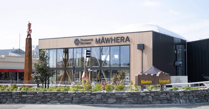 External view of the Pounamu Pathway Māwhera Visitor Centre.