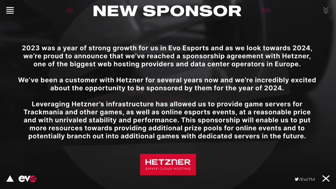Evo Esports announces sponsorship by Hetzner