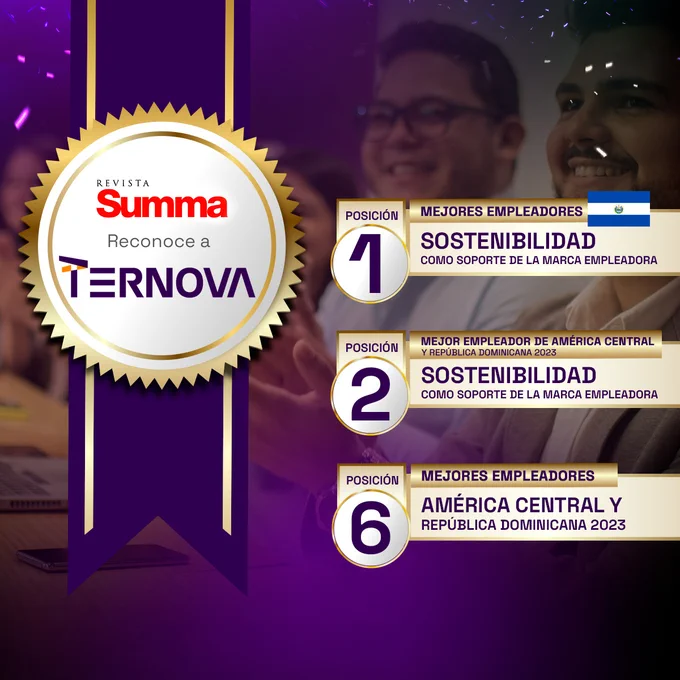 Descripción de la imagen: En la imagen, se destaca el orgullo de Ternova al recibir tres reconocimientos de la revista Summa. El fondo morado resalta el escenario de celebración, donde se percibe la alegría a través de sonrisas y aplausos de las personas presentes. Este logro se representa como un hito significativo para la empresa, evidenciando su dedicación a la excelencia.