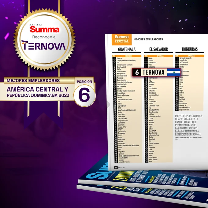 Descripción de la imagen: Ternova celebra su destacada posición como el sexto mejor empleador en el Ranking de Mejores Empleadores en Centroamérica y la República Dominicana. En el fondo morado, se percibe la atmósfera festiva con personas aplaudiendo, reflejando la alegría y el reconocimiento por este logro. La imagen transmite el compromiso y la excelencia que caracterizan a Ternova en el ámbito laboral.
