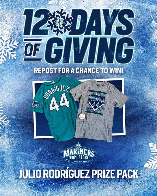12 Days of Giving graphic: 

Repost for a chance to win!

There is a cutout with Julio Rodríguez's jersey and a t-shirt with the Mariners Team Store logo below it and text that reads "Julio Rodríguez Prize Pack"
