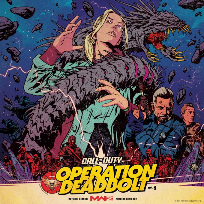 Call of Duty comic art featuring various operators, zombies and the death worm in the Dark Aether. 