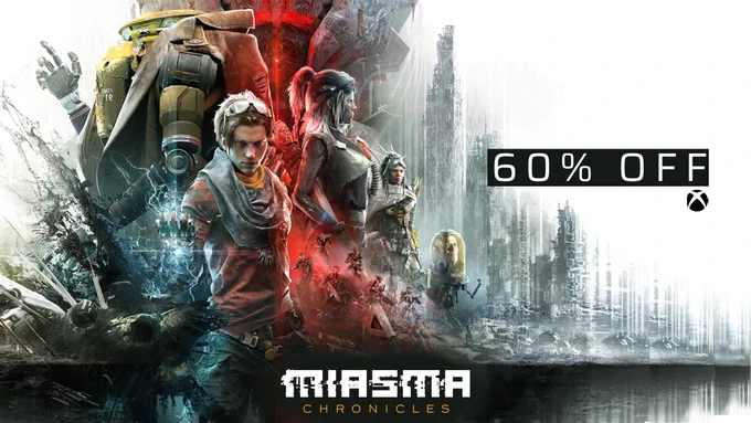 An image depicting a 60% off sale for Miasma Chronicles on Xbox. The image shows the key art for Miasma Chroicles with the text "60% OFF" shown above the Xbox logo