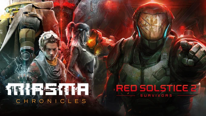 An image depicting the Miasma Chronicles x Red Solstice 2 bundle available now on Steam. The image shows the key art for both Miasma Chronicles and Red Solstice 2 side by side.