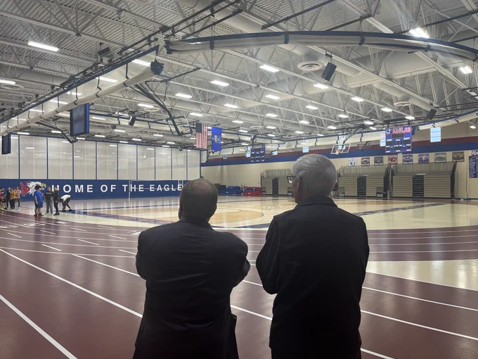 Gov. Evers visits Northland Pines’ gymnasium with District Administrator Scott Foster.