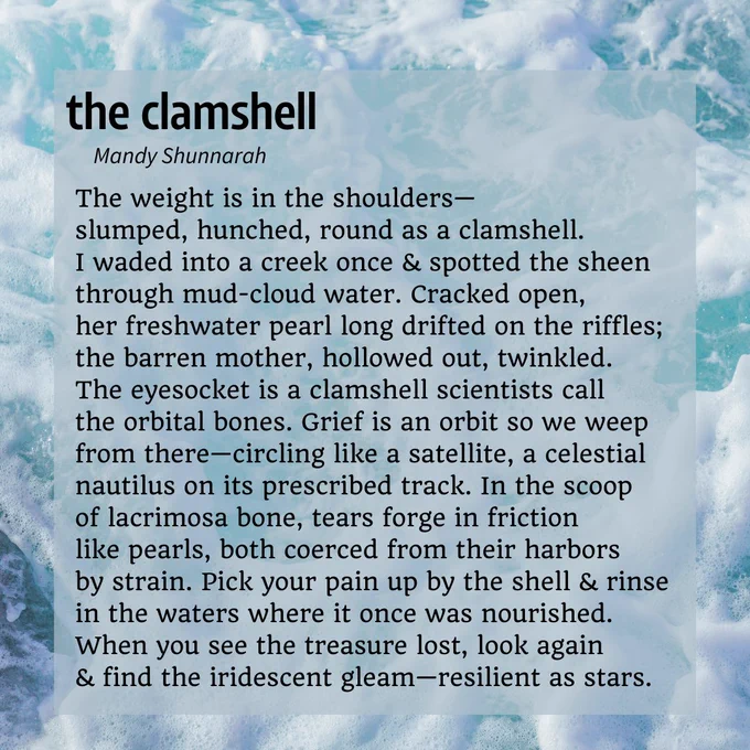 On a background of waves, a poem reads: the clamshell by Mandy Shunnarah.

The weight is in the shoulders—
slumped, hunched, round as a clamshell.
I waded into a creek once & spotted the sheen
through mud-cloud water. Cracked open,
her freshwater pearl long drifted on the riffles;
the barren mother, hollowed out, twinkled.
The eyesocket is a clamshell scientists call
the orbital bones. Grief is an orbit so we weep
from there—circling like a satellite, a celestial
nautilus on its prescribed track. In the scoop
of lacrimosa bone, tears forge in friction
like pearls, both coerced from their harbors
by strain. Pick your pain up by the shell & rinse
in the waters where it once was nourished.
When you see the treasure lost, look again
& find the iridescent gleam—resilient as stars.