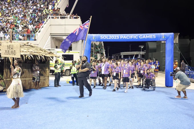 The New Zealand team entering the 2023 Pacific Games during the opening ceremony