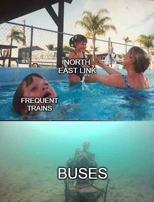 Drowning kid meme: Smiling kid: NELink. Drowning kid: Frequent trains. Drowned skeleton: Buses.