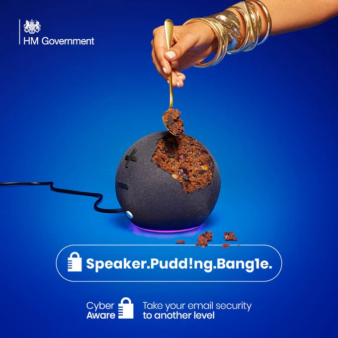 Picture illustrating a speaker, a pudding and a bangle