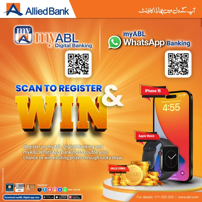 Register now on myABL Digital Banking and myABL WhatsApp Banking by scanning the QR code or messaging us at 03001225225. Increase your chances to win exciting prizes, including iPhone 15, Apple Watches, and Gold coins.

To register on WhatsApp Banking, click: https://wa.me/923001225225?text=Hi

To register on myABL App, click: https://onelink.to/2ahxty

#ABL #myABL #DigitalBanking #WhatsappBanking #LuckyDraw #ScanToWin #iPhone15 #AppleWatch #GoldCoins