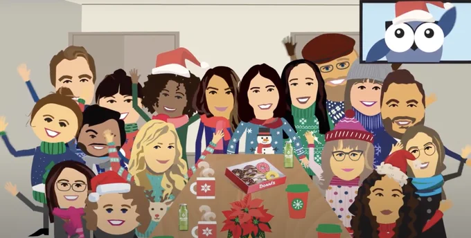 A seasonal cartoon of the "OISE CPL owl" travelling to various international destinations, before joining an online meeting with OISE Continuing & Professional Learning and InnovED staff in festive apparel, waving at each other onscreen.