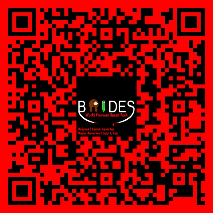 QR code to a page with links to buy or stream the “Brides (World Premiere Sneak Peak)” album, featuring the album cover art. Melodies & Lyrics: Jamie Lee. Music: Jamie Lee & Gary L. Luz.