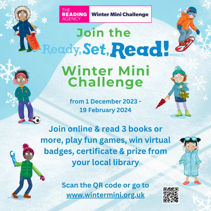 Snowy hillside with the Reading Agency characters advertising the Winter Mini Challenge. Www.wintermini.org.uk