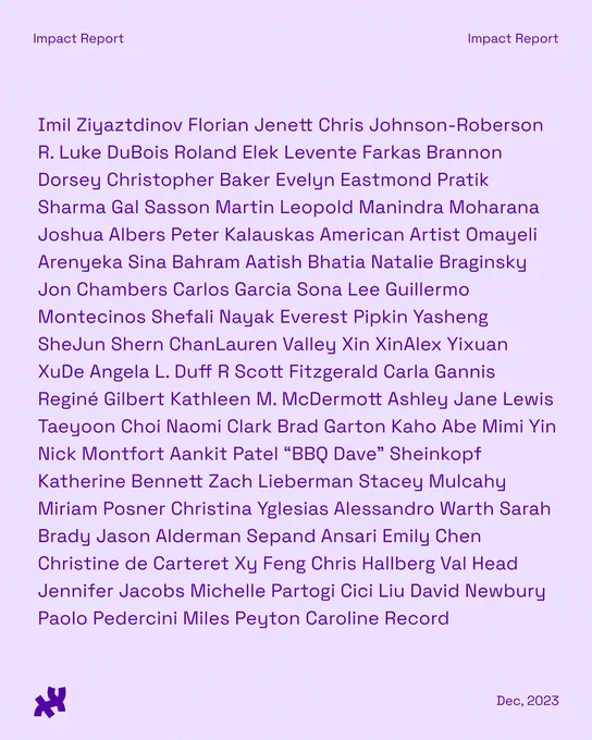 A lavender graphic with the text ‘Imil Ziyaztdinov Florian Jenett Chris Johnson-Roberson R. Luke DuBois Roland Elek Levente Farkas Brannon Dorsey Christopher Baker Evelyn Eastmond Pratik Sharma Gal Sasson Martin Leopold Manindra Moharana Joshua Albers Peter Kalauskas American Artist Omayeli Arenyeka Sina Bahram Aatish Bhatia Natalie Braginsky Jon Chambers Carlos Garcia Sona Lee Guillermo Montecinos Shefali Nayak Everest Pipkin Yasheng SheJun Shern ChanLauren Valley Xin XinAlex Yixuan XuDe Angela L. Duff R Scott Fitzgerald Carla Gannis Reginé Gilbert Kathleen M. McDermott Ashley Jane Lewis Taeyoon Choi Naomi Clark Brad Garton Kaho Abe Mimi Yin Nick Montfort Aankit Patel “BBQ Dave” Sheinkopf Katherine Bennett Zach Lieberman Stacey Mulcahy Miriam Posner Christina Yglesias Alessandro Warth Sarah Brady Jason Alderman Sepand Ansari Emily Chen Christine de Carteret Xy Feng Chris Hallberg Val Head Jennifer Jacobs Michelle Partogi Cici Liu David Newbury Paolo Pedercini Miles Peyton Caroline Rec