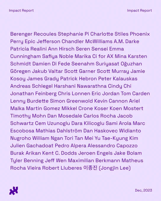 A lavender graphic with the text ‘Berenger Recoules Stephanie Pi Charlotte Stiles Phoenix Perry Epic Jefferson Chandler McWilliams A.M. Darke Patricia Realini Ann Hirsch Seren Sensei Emma Cunningham Safiya Noble Marika Ci for AX Mina Karsten Schmidt Damien Di Fede Seenahm Suriyasat Oğuzhan Göregen Jakub Valtar Scott Garner Scott Murray Jamie Kosoy James Grady Patrick Hebron Peter Kalauskas Andreas Schlegel Harshani Nawarathna Cindy Chi Jonathan Feinberg Chris Lonnen Eric Jordan Tom Carden Lenny Burdette Simon Greenwold Kevin Cannon Ariel Malka Martin Gomez Mikkel Crone Koser Koen Mostert Timothy Mohn Dan Mosedale Carlos Rocha Jacob Schwartz Cem Uzunoglu Dara Kilicoglu Sami Arola Marc Escobosa Mathias Dahlström Dan Haskovec Widianto Nugroho William Ngan Tori Tan Mei Yu Tae-Kyung Kim Julien Gachadoat Pedro Alpera Alessandro Capozzo Burak Arikan Kent C. Dodds Jeroen Engels Jake Bolam Tyler Benning Jeff Wen Maximilian Berkmann Matheus Rocha Vieira Robert Lluberes 이종진 (Jongjin Lee) ’ in the