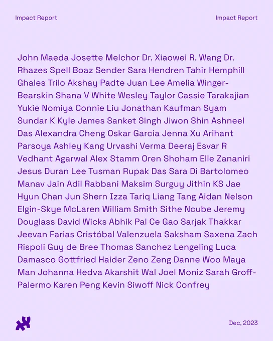 A lavender graphic with the text ‘John Maeda Josette Melchor Dr. Xiaowei R. Wang Dr. Rhazes Spell Boaz Sender Sara Hendren Tahir Hemphill Ghales Trilo Akshay Padte Juan Lee Amelia Winger-Bearskin Shana V White Wesley Taylor Cassie Tarakajian Yukie Nomiya Connie Liu Jonathan Kaufman Syam Sundar K Kyle James Sanket Singh Jiwon Shin Ashneel Das Alexandra Cheng Oskar Garcia Jenna Xu Arihant Parsoya Ashley Kang Urvashi Verma Deeraj Esvar R Vedhant Agarwal Alex Stamm Oren Shoham Elie Zananiri Jesus Duran Lee Tusman Rupak Das Sara Di Bartolomeo Manav Jain Adil Rabbani Maksim Surguy Jithin KS Jae Hyun Chan Jun Shern Izza Tariq Liang Tang Aidan Nelson Elgin-Skye McLaren William Smith Sithe Ncube Jeremy Douglass David Wicks Abhik Pal Ce Gao Sarjak Thakkar Jeevan Farias Cristóbal Valenzuela Saksham Saxena Zach Rispoli Guy de Bree Thomas Sanchez Lengeling Luca Damasco Gottfried Haider Zeno Zeng Danne Woo Maya Man Johanna Hedva Akarshit Wal Joel Moniz Sarah Groff-Palermo Karen Peng Kevin Siwoff Nic