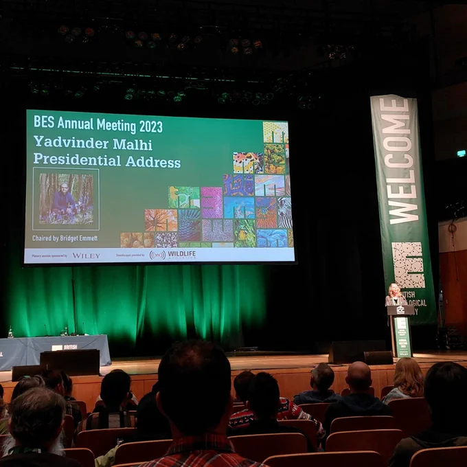Large presentation screen called Yadvinder Malhi Presidential Address