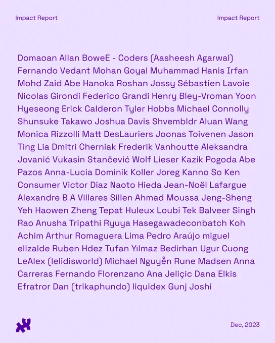A lavender graphic with the text ‘Domaoan Allan BoweE - Coders (Aasheesh Agarwal) Fernando Vedant Mohan Goyal Muhammad Hanis Irfan Mohd Zaid Abe Hanoka Roshan Jossy Sébastien Lavoie Nicolas Girondi Federico Grandi Henry Bley-Vroman Yoon Hyeseong Erick Calderon Tyler Hobbs Michael Connolly Shunsuke Takawo Joshua Davis Shvembldr Aluan Wang Monica Rizzolli Matt DesLauriers Joonas Toivenen Jason Ting Lia Dmitri Cherniak Frederik Vanhoutte Aleksandra Jovanić Vukasin Stančević Wolf Lieser Kazik Pogoda Abe Pazos Anna-Lucia Dominik Koller Joreg Kanno So Ken Consumer Victor Diaz Naoto Hieda Jean-Noël Lafargue Alexandre B A Villares Sillen Ahmad Moussa Jeng-Sheng Yeh Haowen Zheng Tepat Huleux Loubi Tek Balveer Singh Rao Anusha Tripathi Ryuya Hasegawadeconbatch Koh Achim Arthur Romaguera Lima Pedro Araújo miguel elizalde Ruben Hdez Tufan Yılmaz Bedirhan Ugur Cuong LeAlex (lelidisworld) Michael Nguyễn Rune Madsen Anna Carreras Fernando Florenzano Ana Jeliçic Dana Elkis Efratror Dan (trikaphundo) l