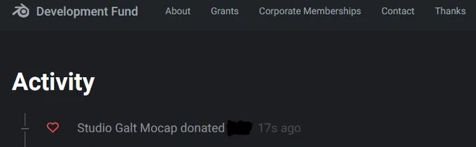 A receipt showing Studio Galt Mocap donated to the blender foundation. The amount is blacked out.