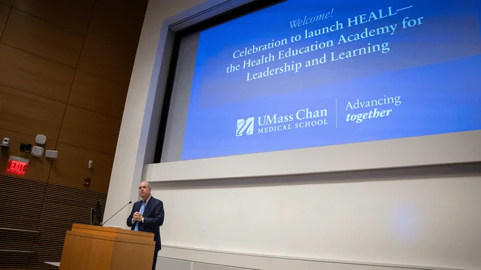 Chancellor Michael Collins addressing faculty at the HEALL kickoff event