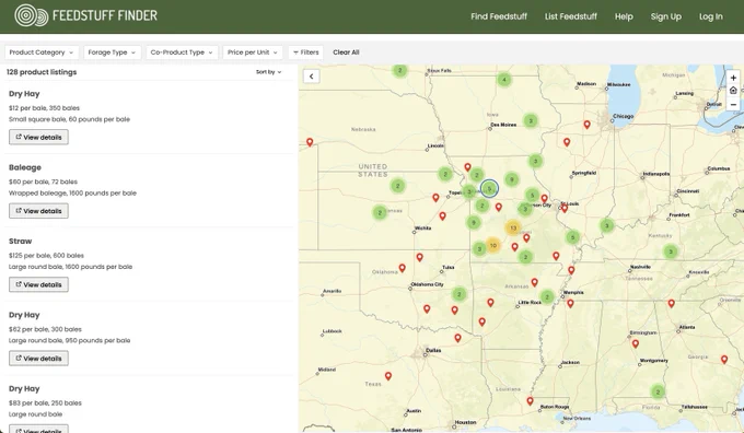 Points on a map showing locations where Feedstuff is being sold, with descriptions of the type of feedstuff and price on the left.