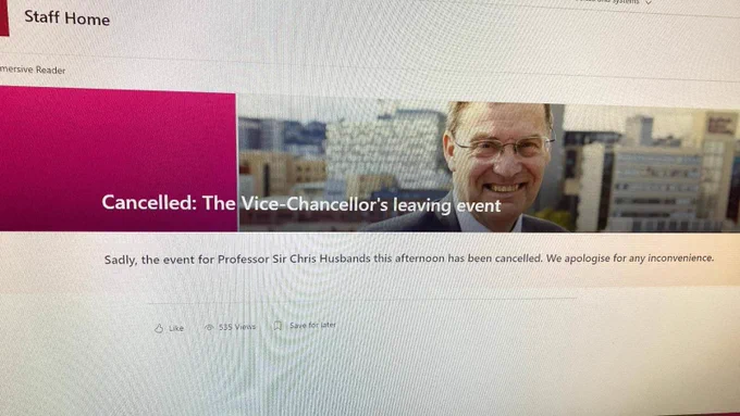 A picture of the Sheffield Hallam uni website. There is a picture of the VC’s smiling face and underneath text that says ‘cancelled: the vice-chancellor’s leaving event. Sadly, the event for Professor Sir Chris Husbands this afternoon has been cancelled. We apologise for any inconvenience.’
