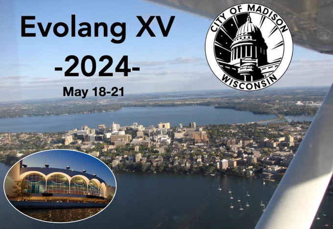 Picture of poster for evolang 15 2024 May 18-21 showing aerial view of Madison, Wisconsin