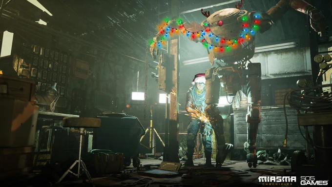 An image showcasing a festive desktop wallpaper for Miasma Chronicles. It shows Elvis in his workshop with a mining bot hanging festive lights on it's arms and shoulders. Elvis is wearing a santa hat.