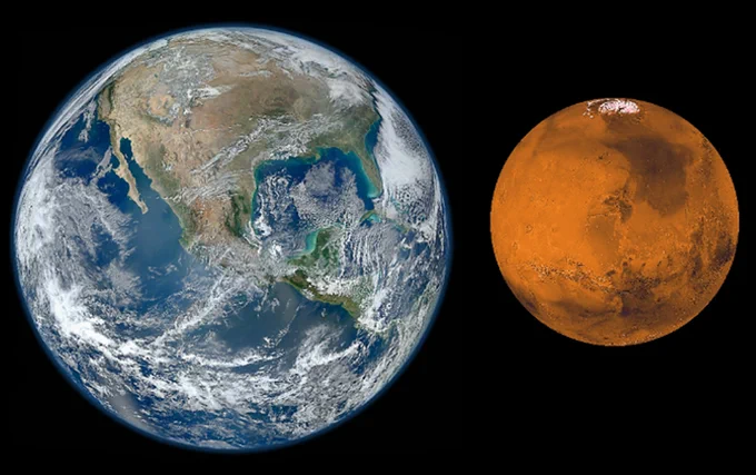 imagem da Terra, à esquerda, e Marte, à direita, em escala. a Terra tem aproximadamente o dobro do tamanho de Marte, e aparece em azul e verde com nuvens brancas na atmosfera. Marte aparece mais alaranjado, com manchas escurecidas e uma parte de gelo em seu polo norte
