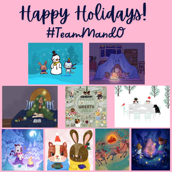 A light-pink slide with navy cursive text reading, "Happy Holidays! #Team M and O," at the top. Beneath the text, 9 winter and holiday themed illustrations are laid out in three rows. End alt text.
