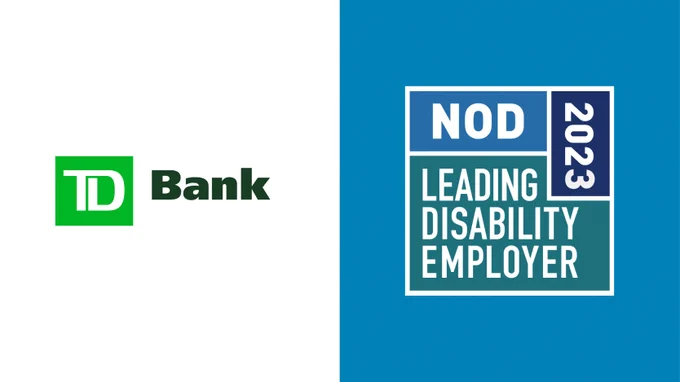 TD Bank company logo to the left of the NOD Leading Disability Employer Seal logo