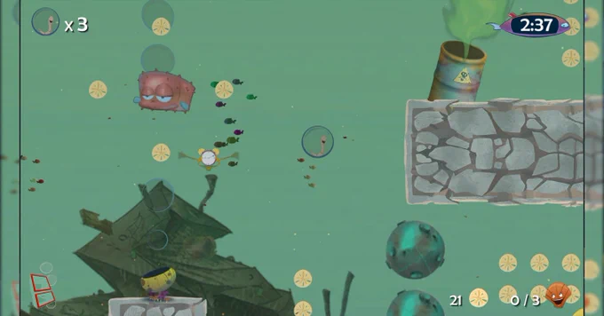 Gameplay Footage: With stunning 2D illustrations and classical animation you will travel the underwater dangers of the reef in a breathable air bubble
