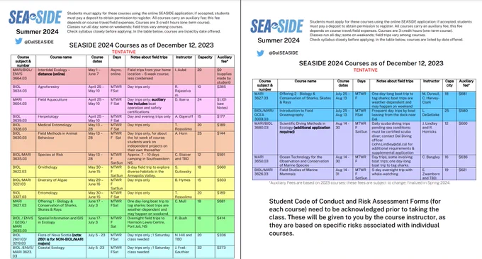 A screen shot of a colour-coded schedule of courses for the SEASIDE program 2024