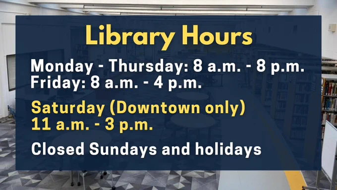 photo of downtown library, behind a text box with same information as tweet text.