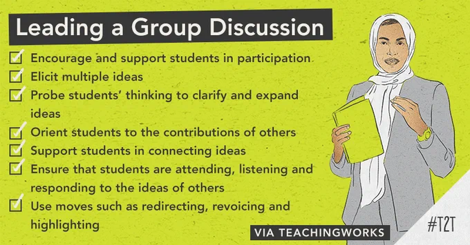 Leading a Group Discussion via TeachingWorks with a list of 7 suggestions in a checklist format.