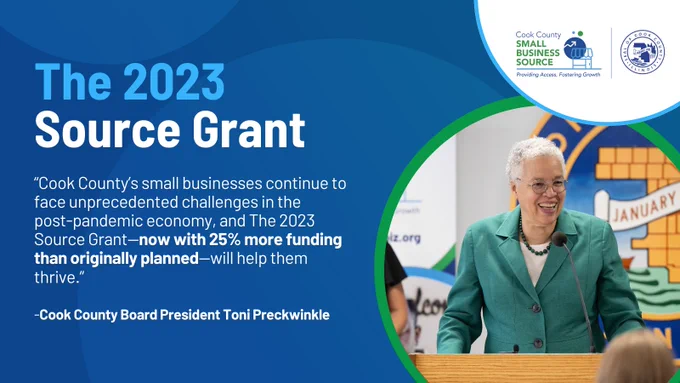 “Cook County’s small businesses continue to face unprecedented challenges in the post-pandemic economy, and the 2023 Source Grant—now with 25% more funding than originally planned—will help them thrive,” said Cook County Board President Toni Preckwinkle.